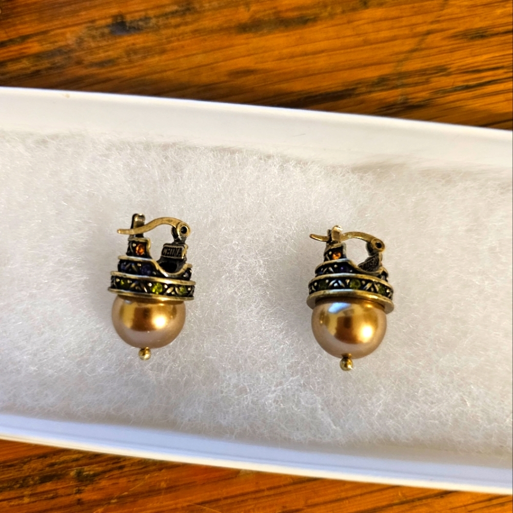 Heidi Daus Gold Faux Pearl Multi Color Rhinestones Hinged Back Earrings